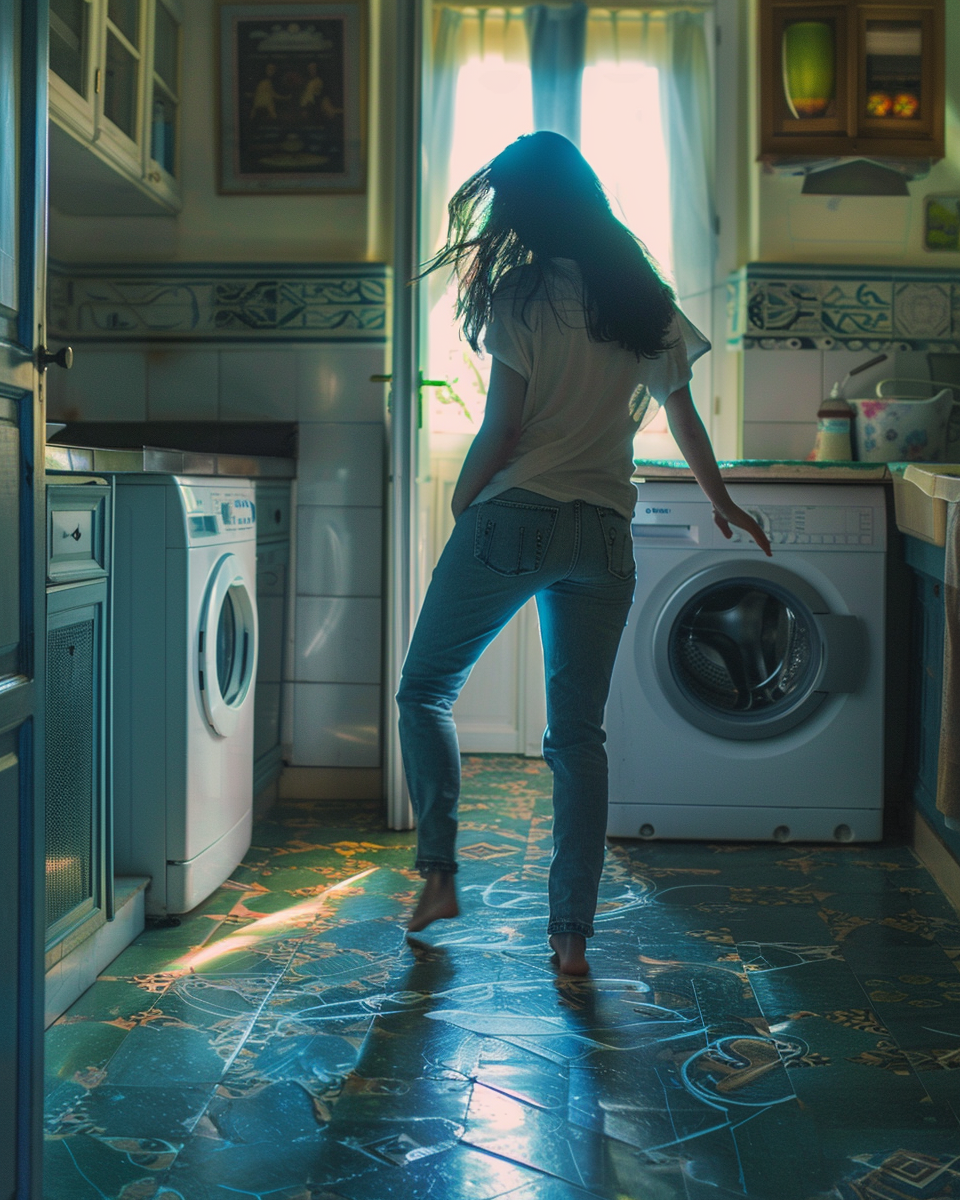 Woman chased by washing machine in kitchen