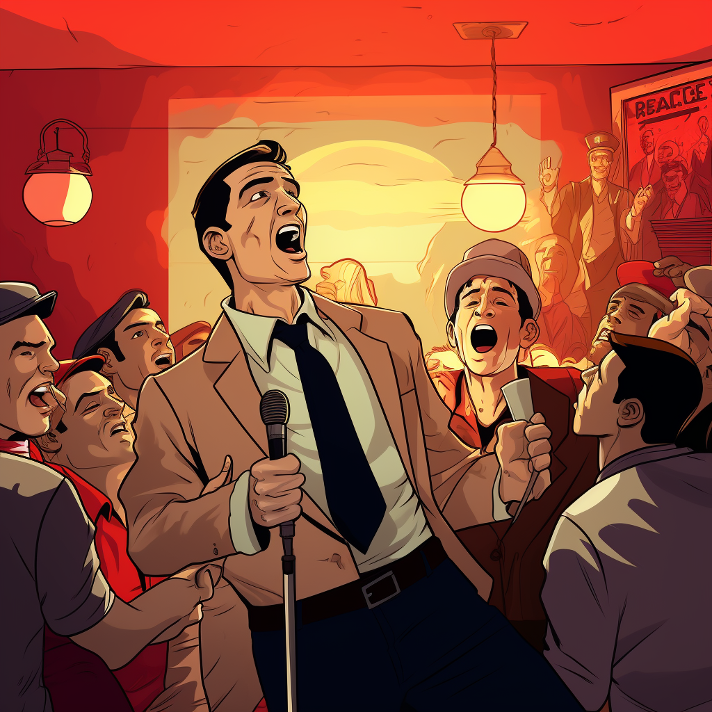 Comic-style drawing of Italian mafia at karaoke party