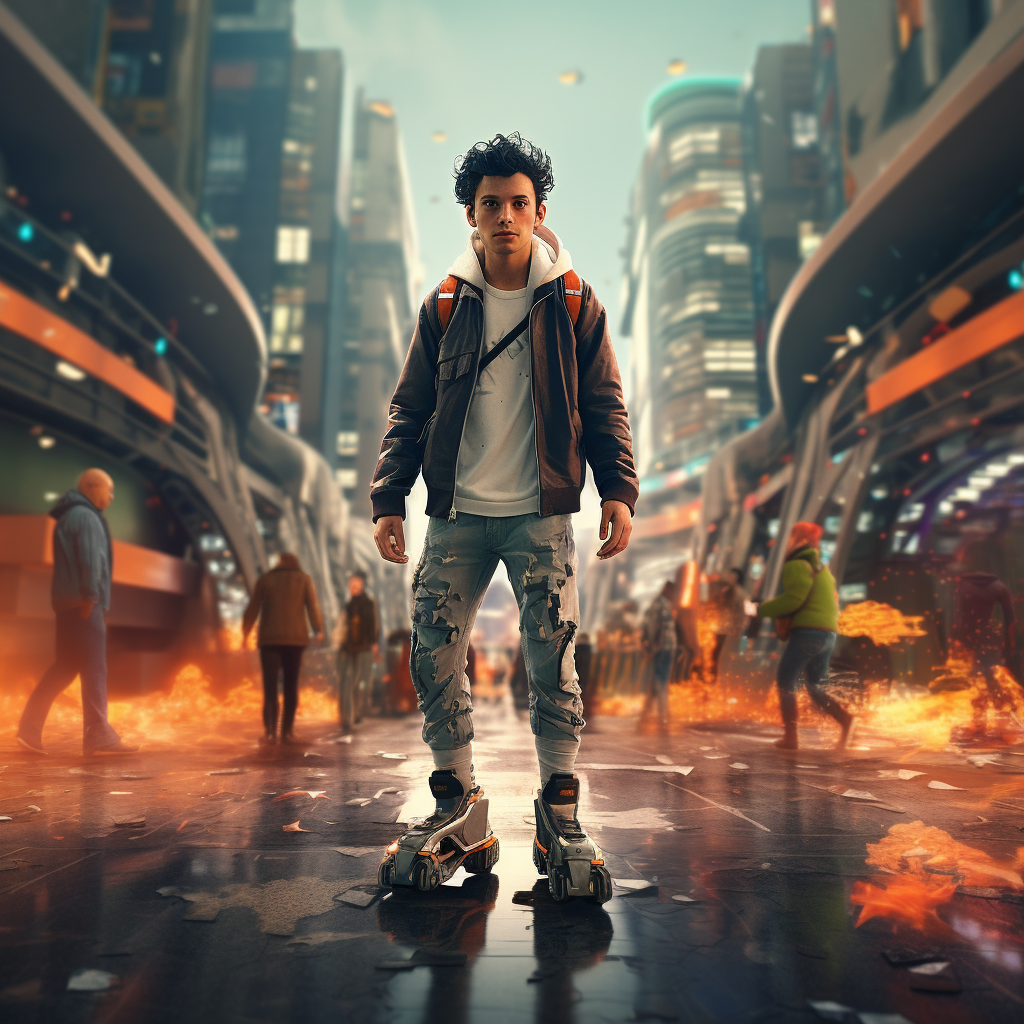 Young Italian man in dystopian city with skateboarders