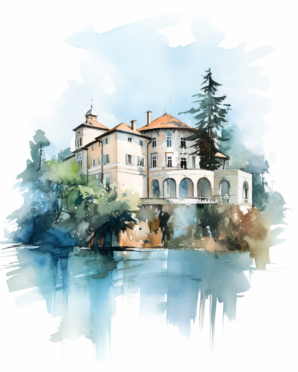 Watercolor sketch of Italian mansion near Lake Como