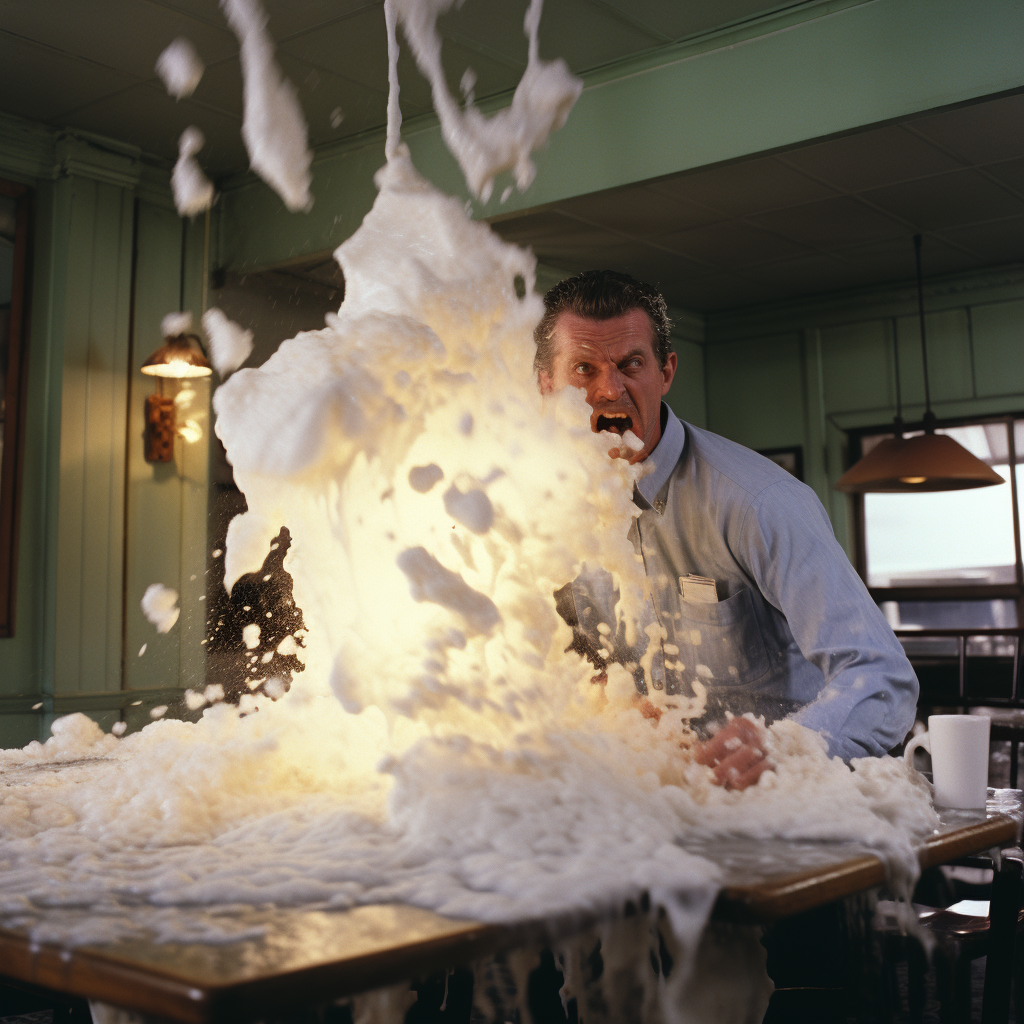 Middle-aged man in an Italian restaurant with exploding milk