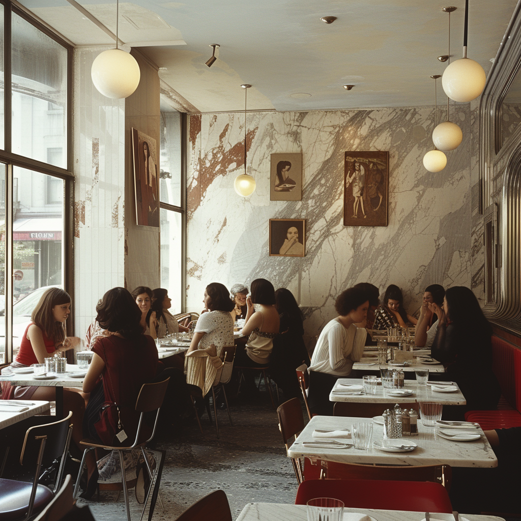 Italian restaurant interior with happy customers eating spaghetti