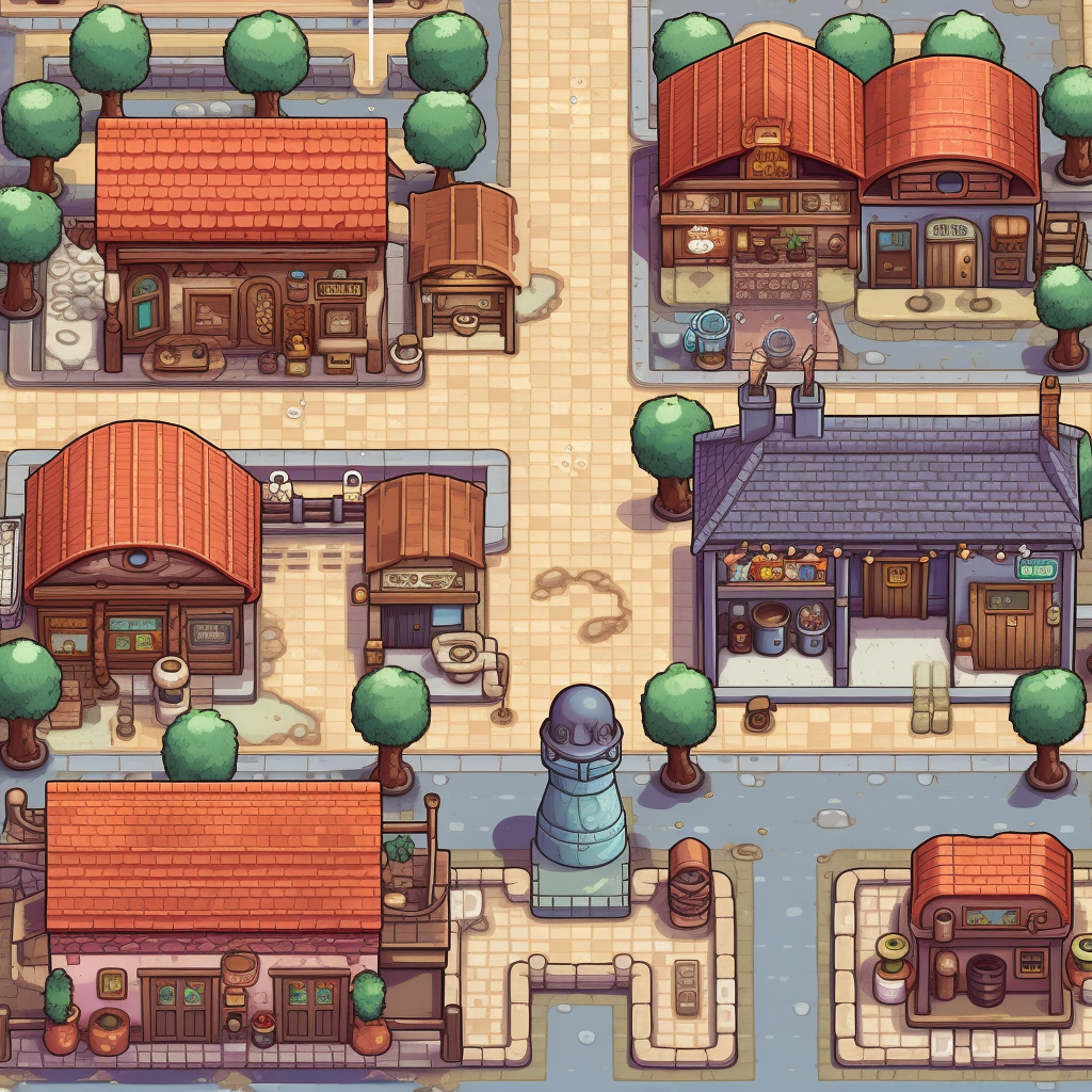 Vibrant tileset of an Italian RPG Pokemon village