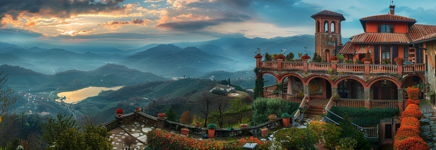 Italian villa overlooking valley panorama