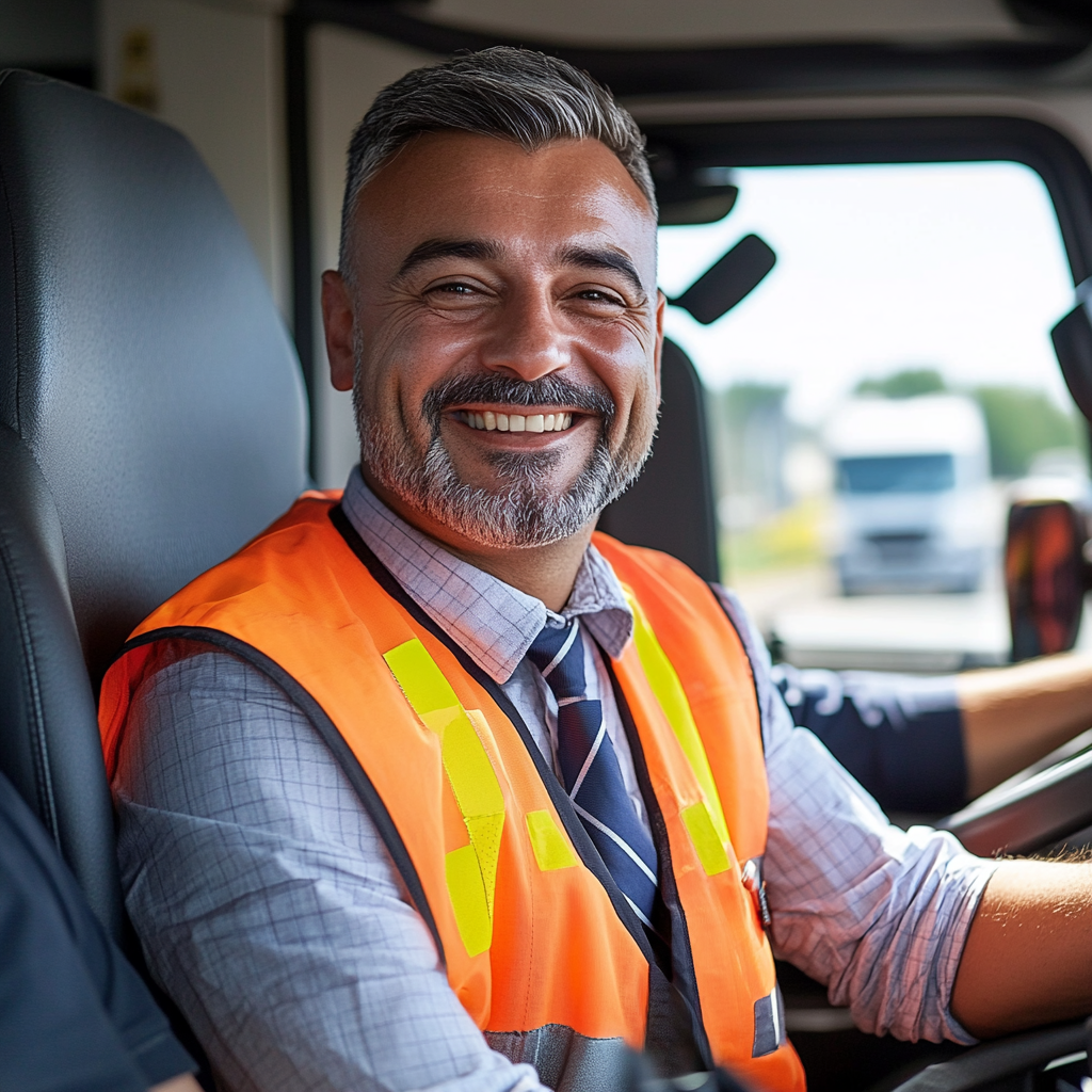 Italian truck drivers smiling highway