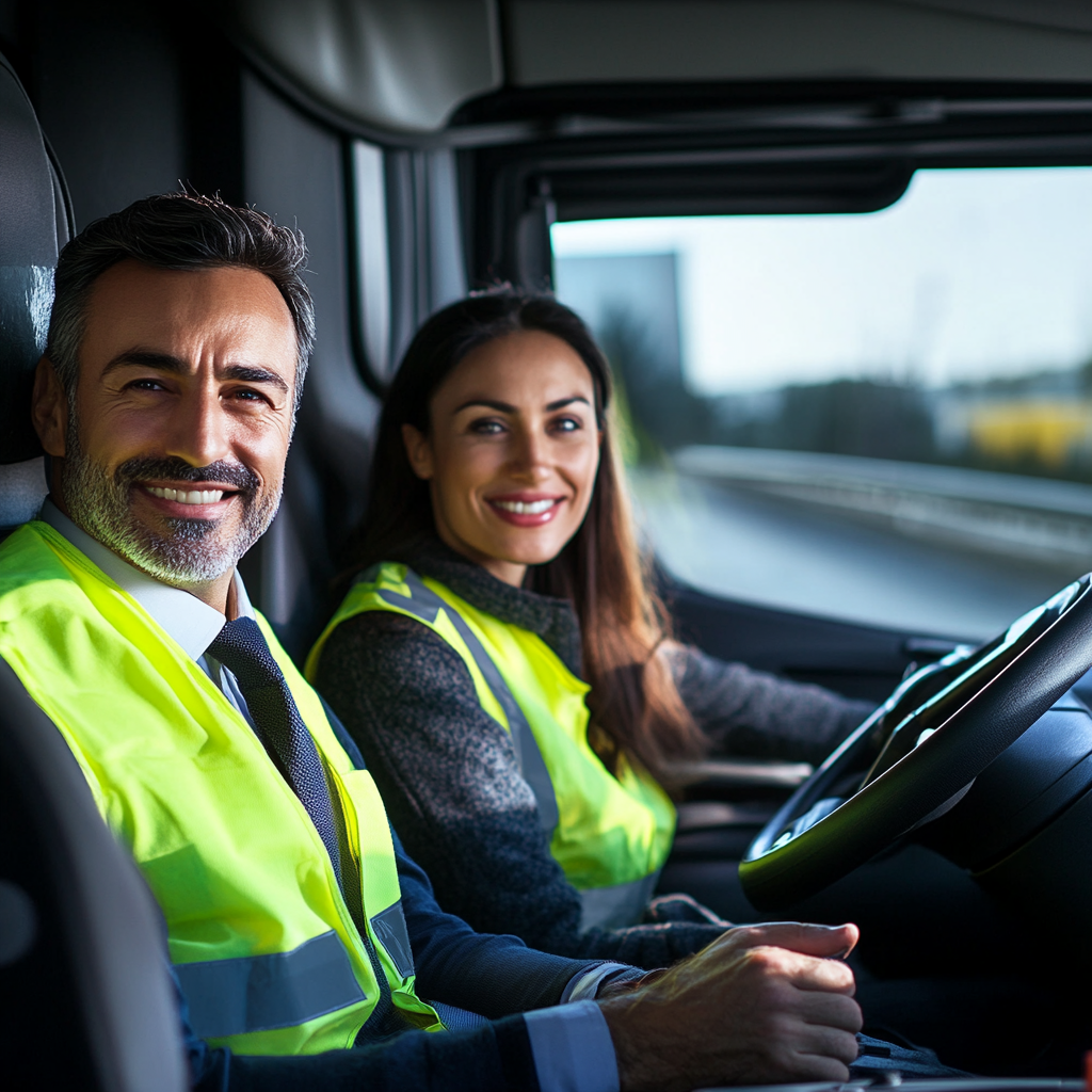 Italian truck drivers smiling highway