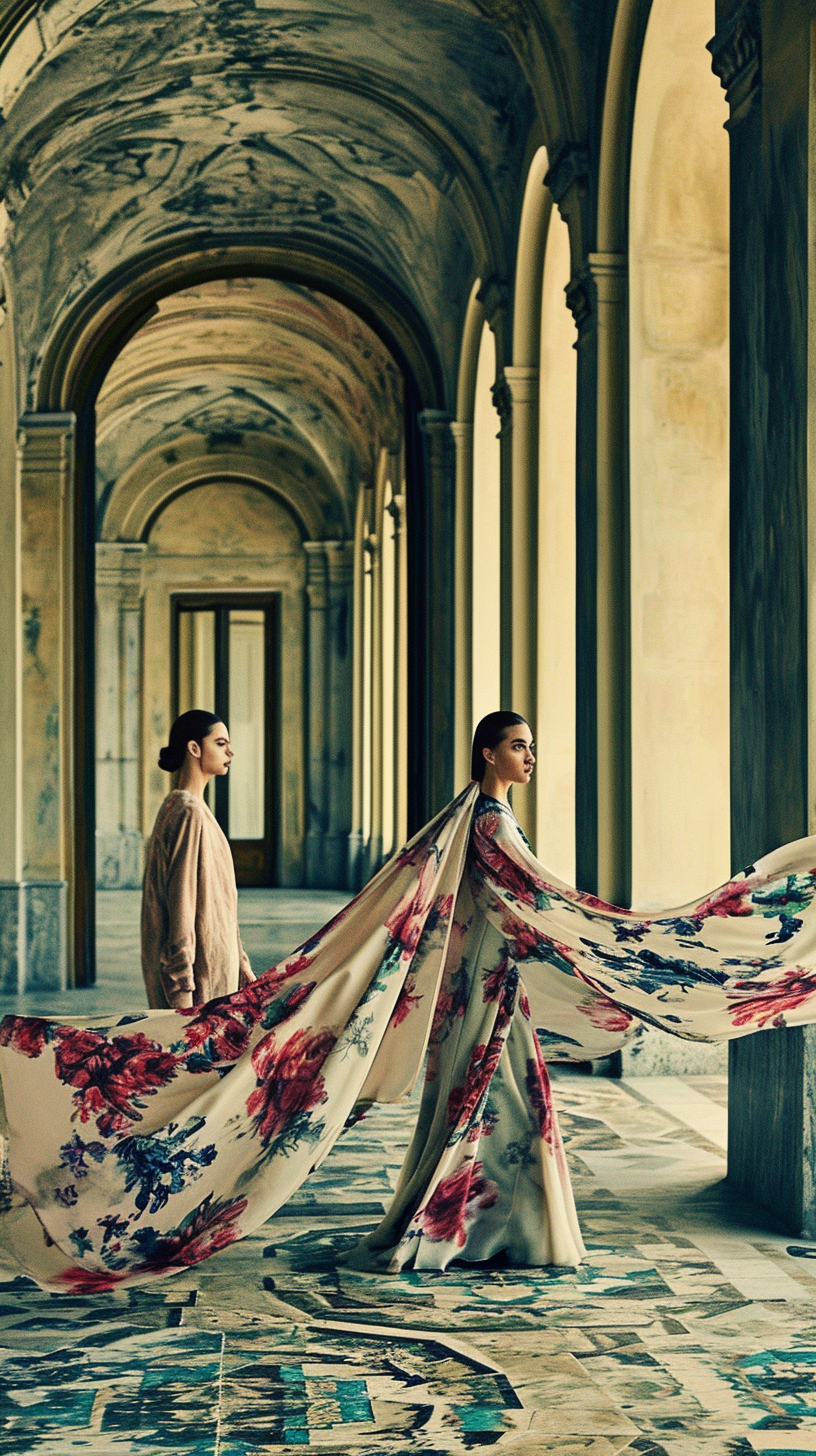 Italian woman in designer dress with stylish scarf