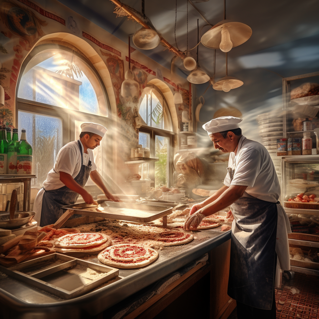 Two brothers making delicious pizza in Italy