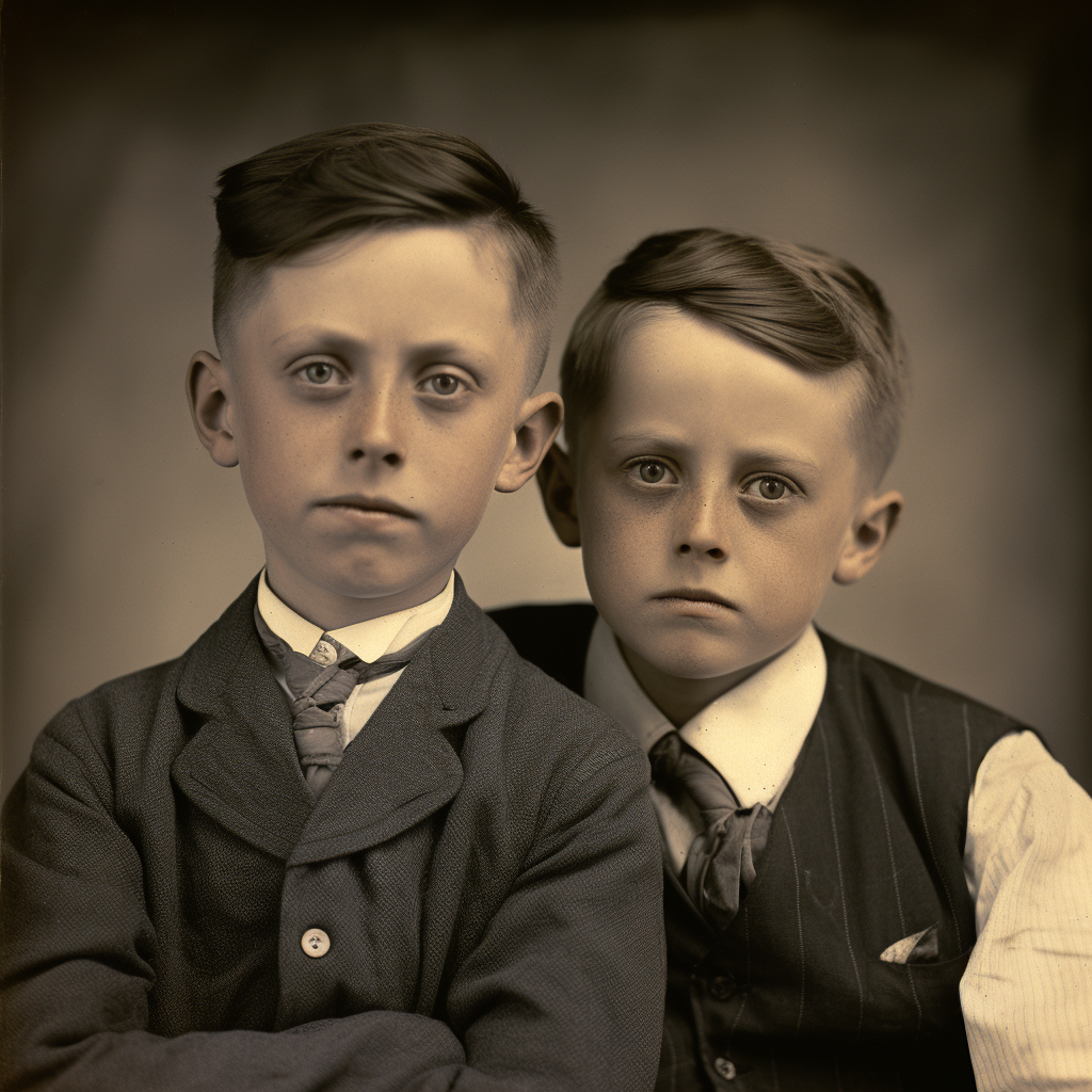 Iver and Jake, grammar school-age brothers in a studio photograph