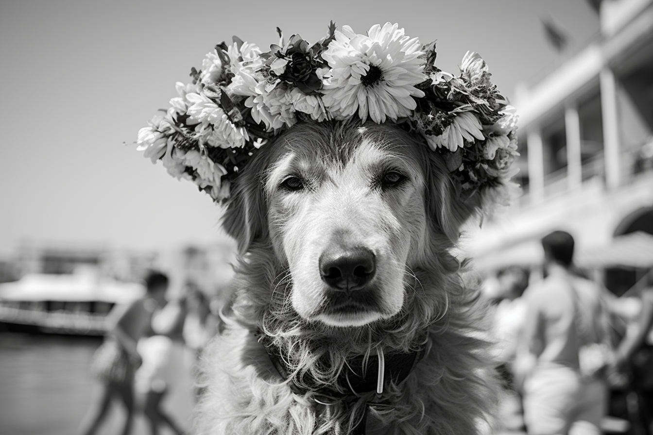 Dog selling flowers at Izmir Foca beach