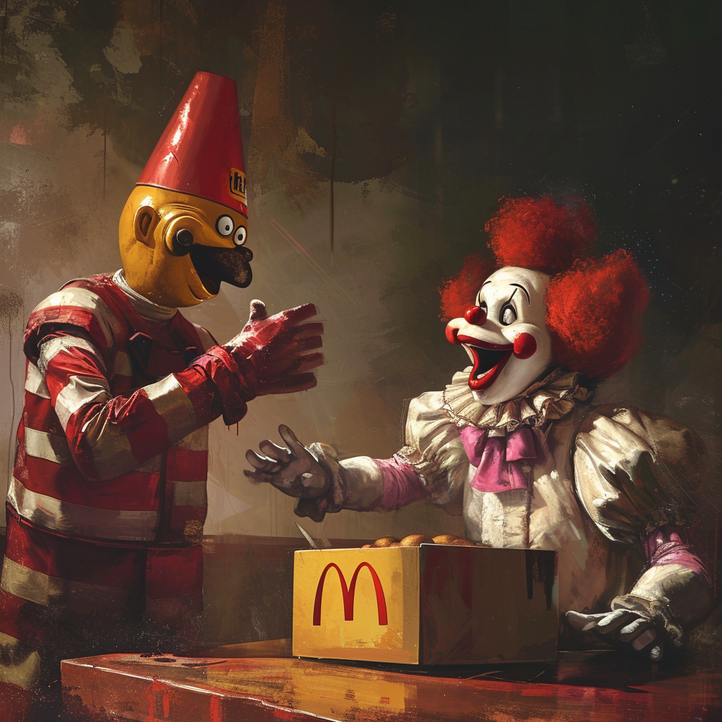 Jack in the Box Mascot attacking Ronald McDonald