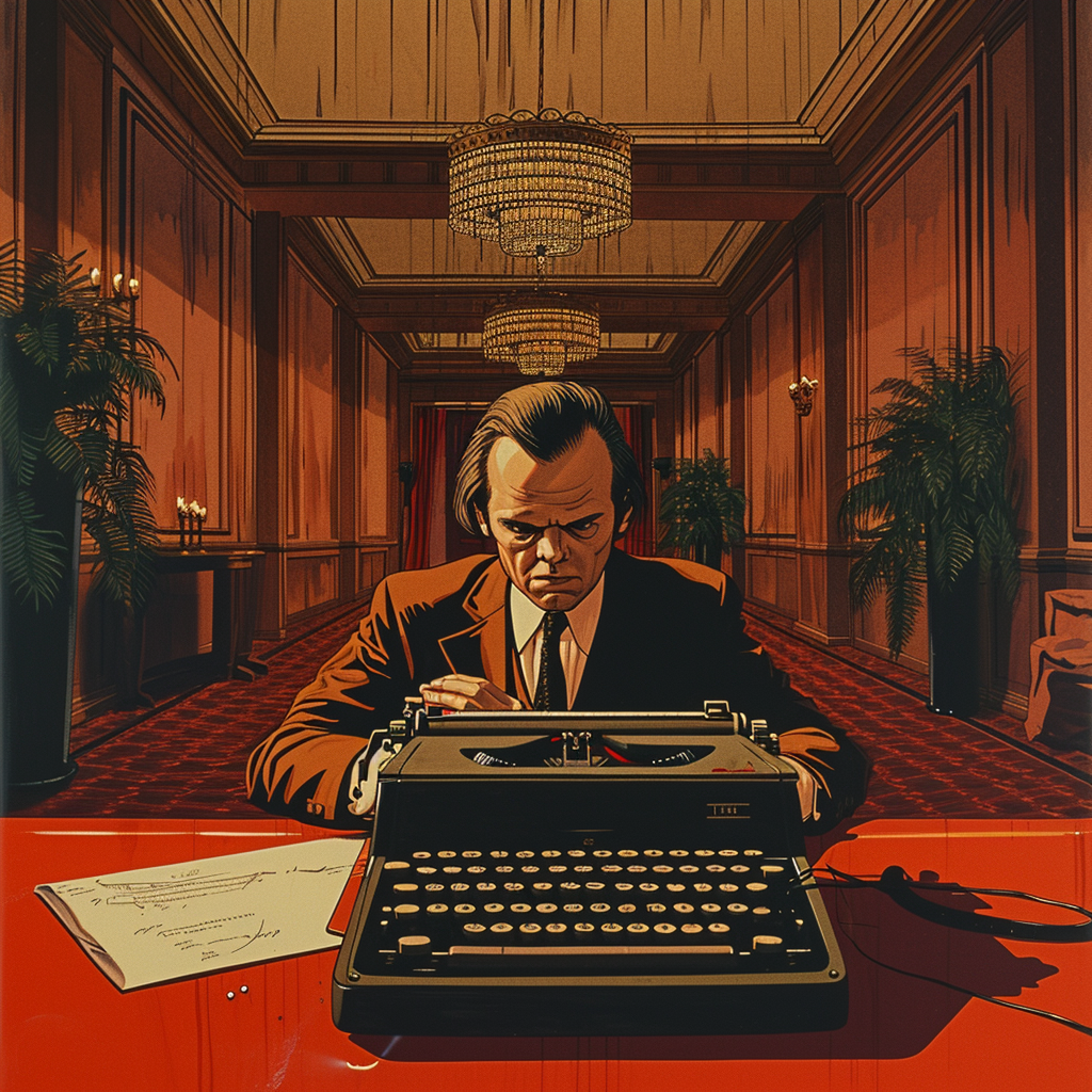 Jack Nicholson sitting at typewriter, The Shining