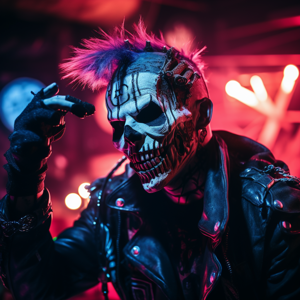 A punk in Jack Skellington mask with a knife at Halloween punk rock party