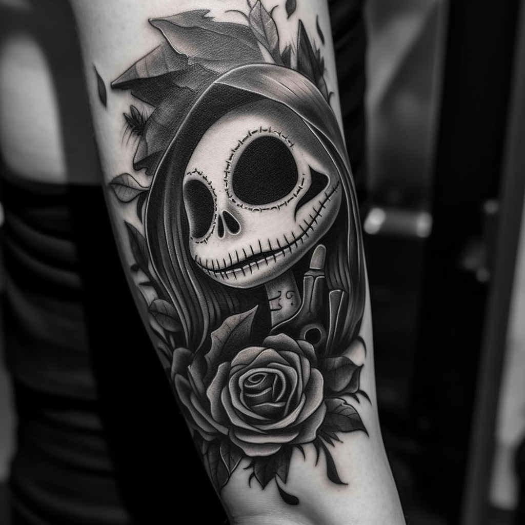 Black and white Jack Skellington and Sally tattoo