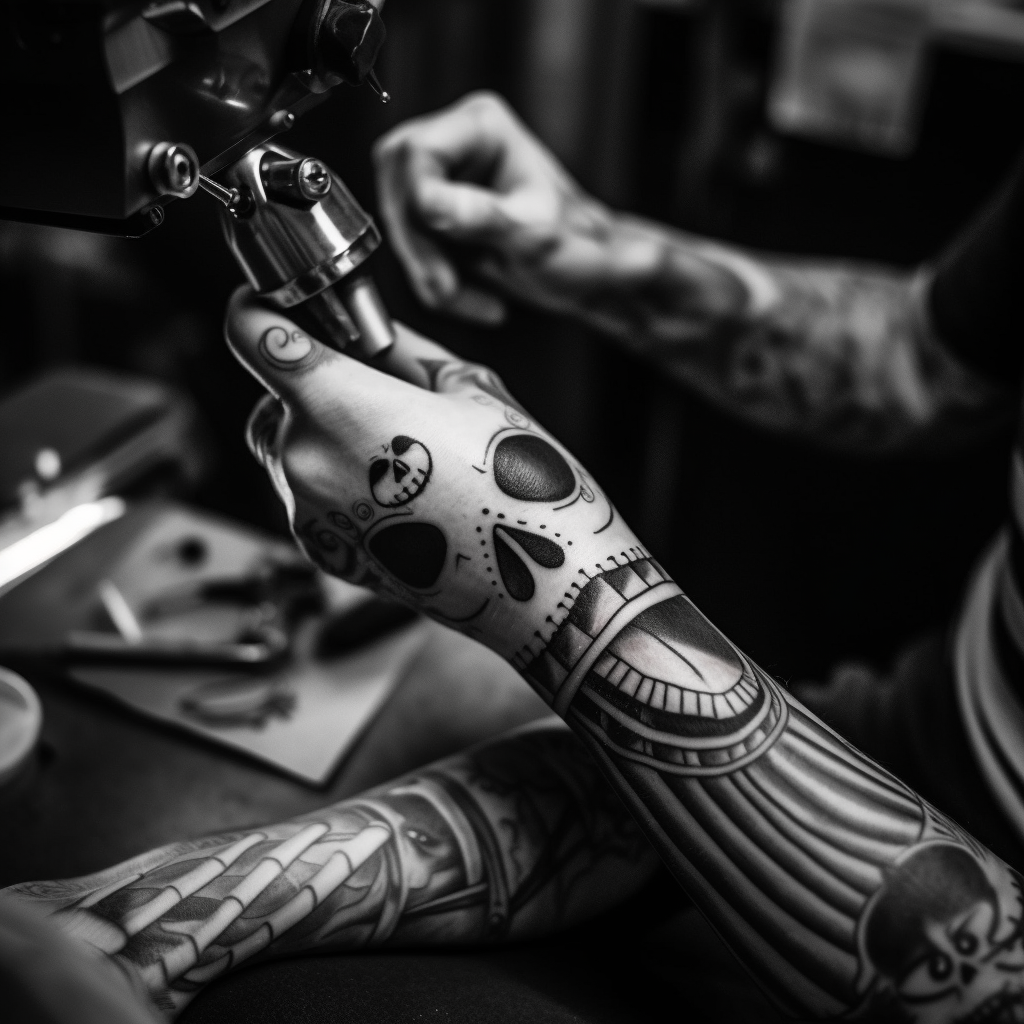 Jack Skellington tattooing Sally's arm in black and white