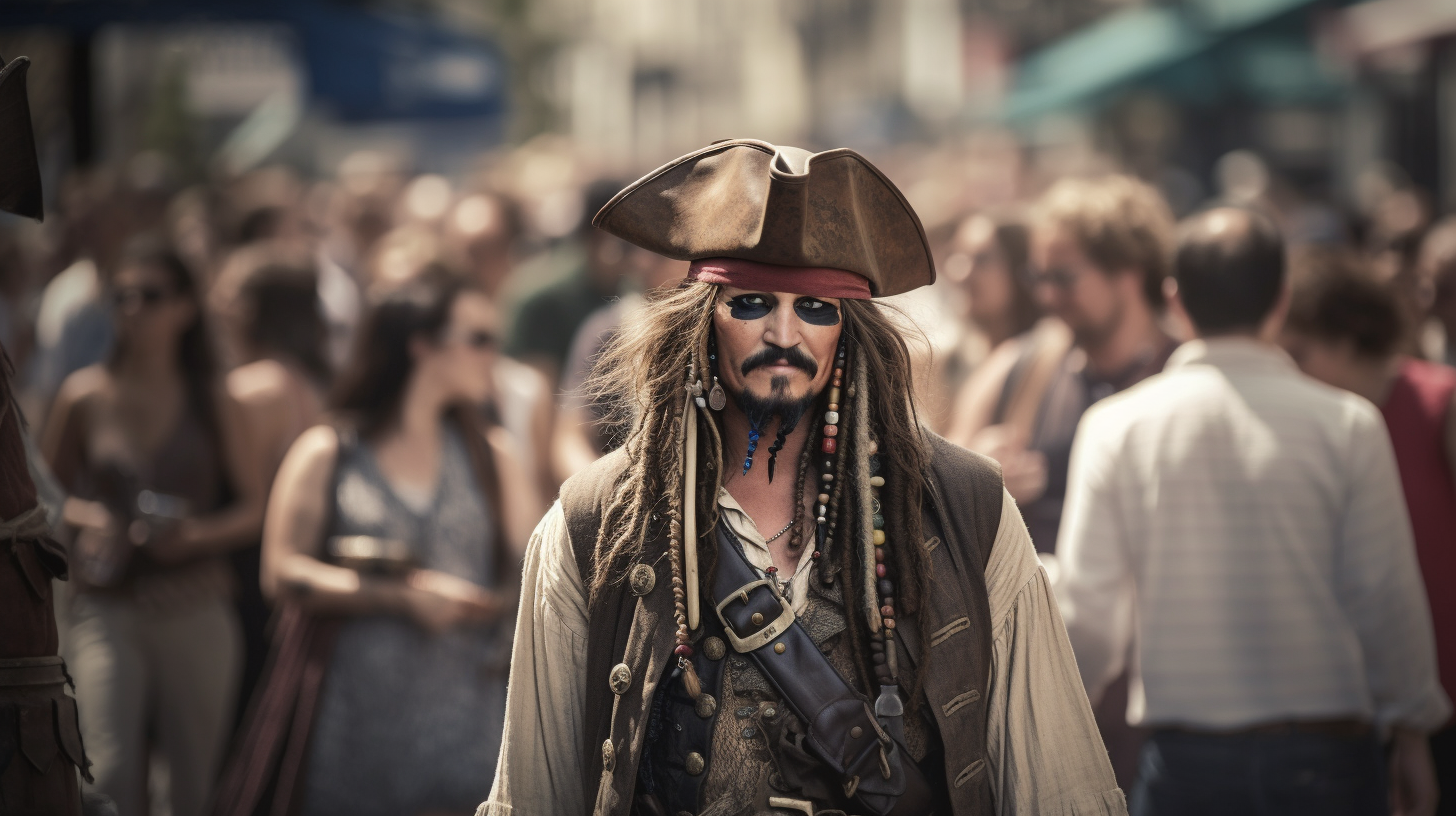 Captain Jack Sparrow navigating bustling city