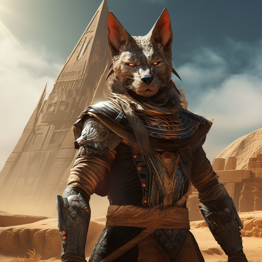 Majestic jackal warrior guarding pyramid