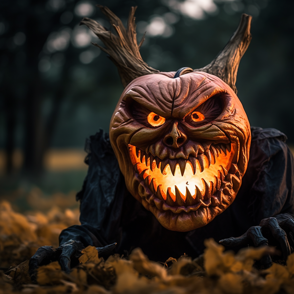 Spooky jack-o-latern demon laughing at photographer