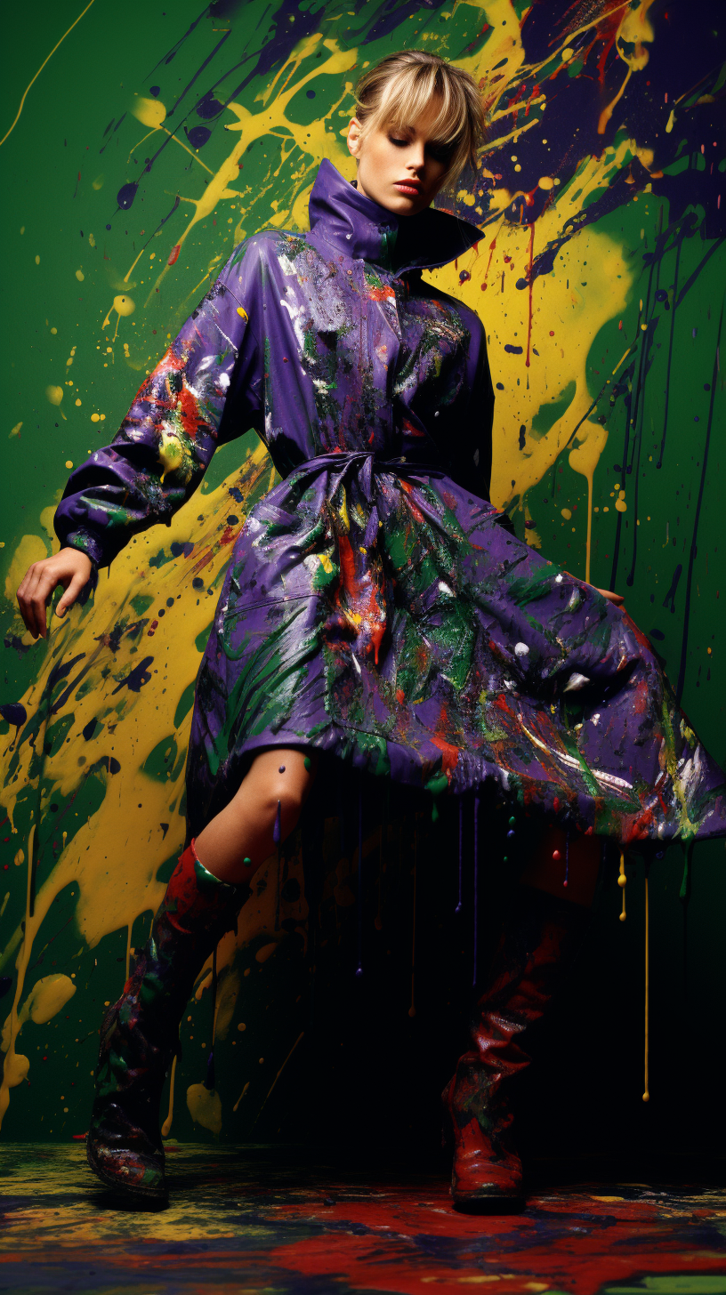 Jackson Pollock wearing purple smock dress and splattered paint