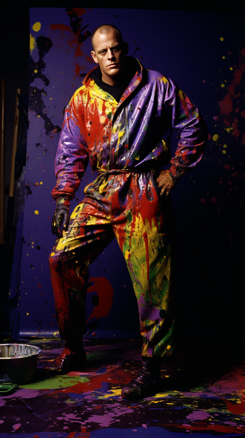 Jackson Pollock in colorful smock dress painting