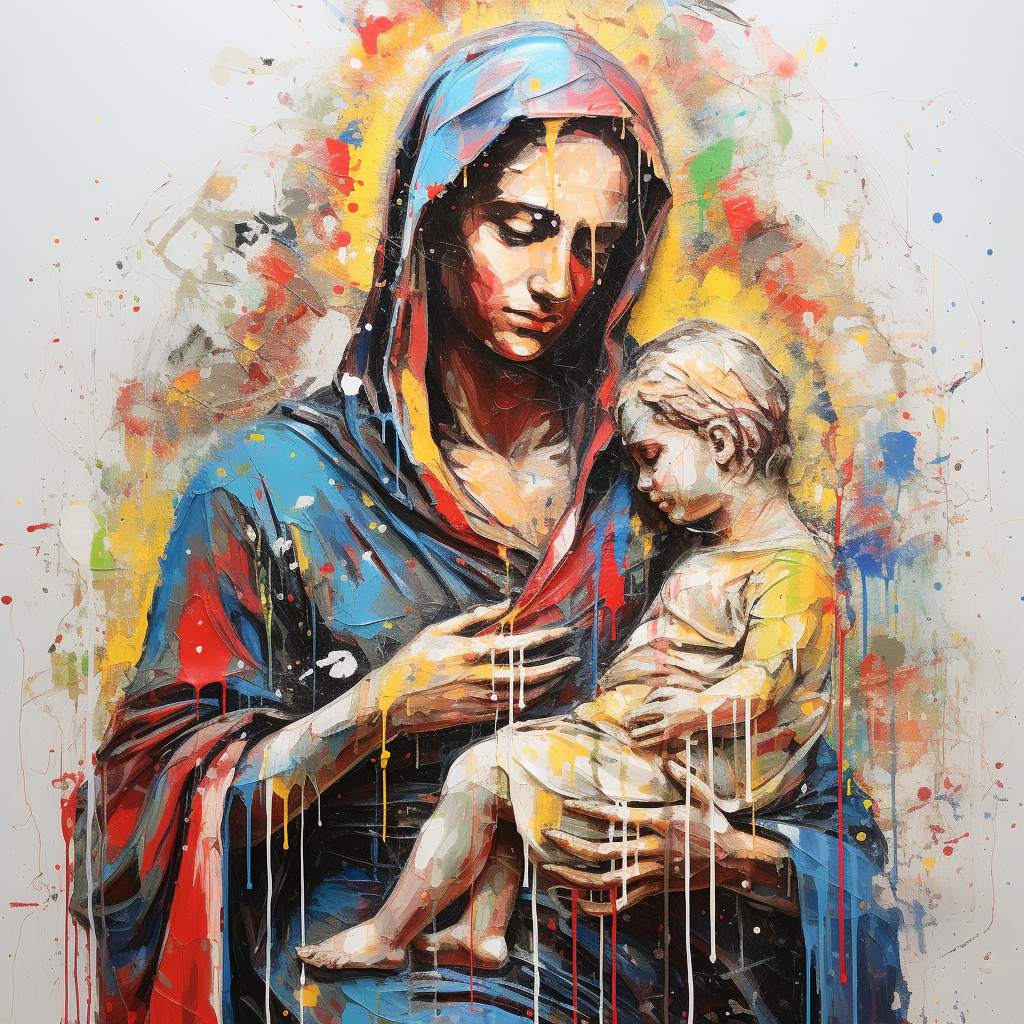 Abstract artwork of Madonna and Child in drip style