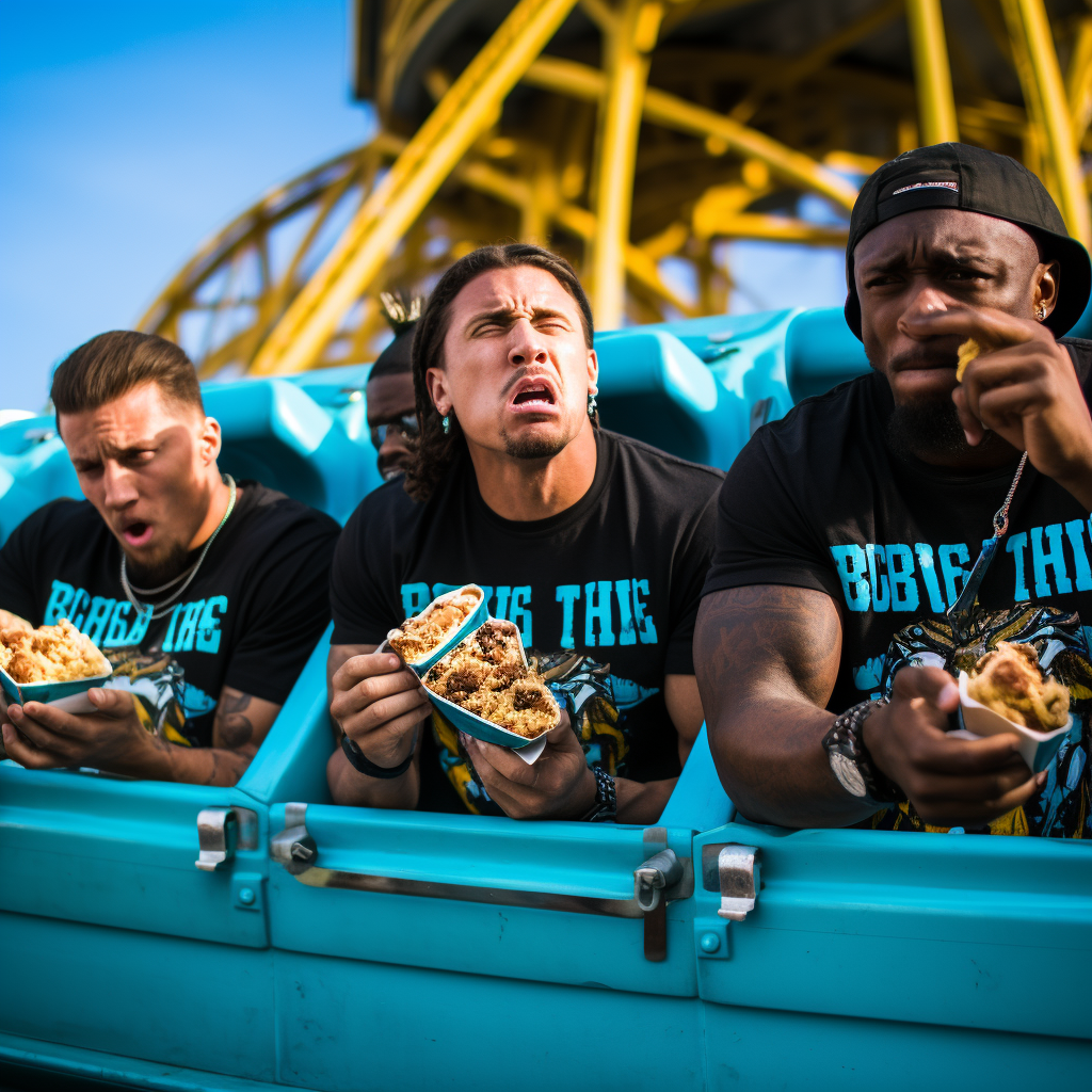 Jaguars players eating butter in amusement park