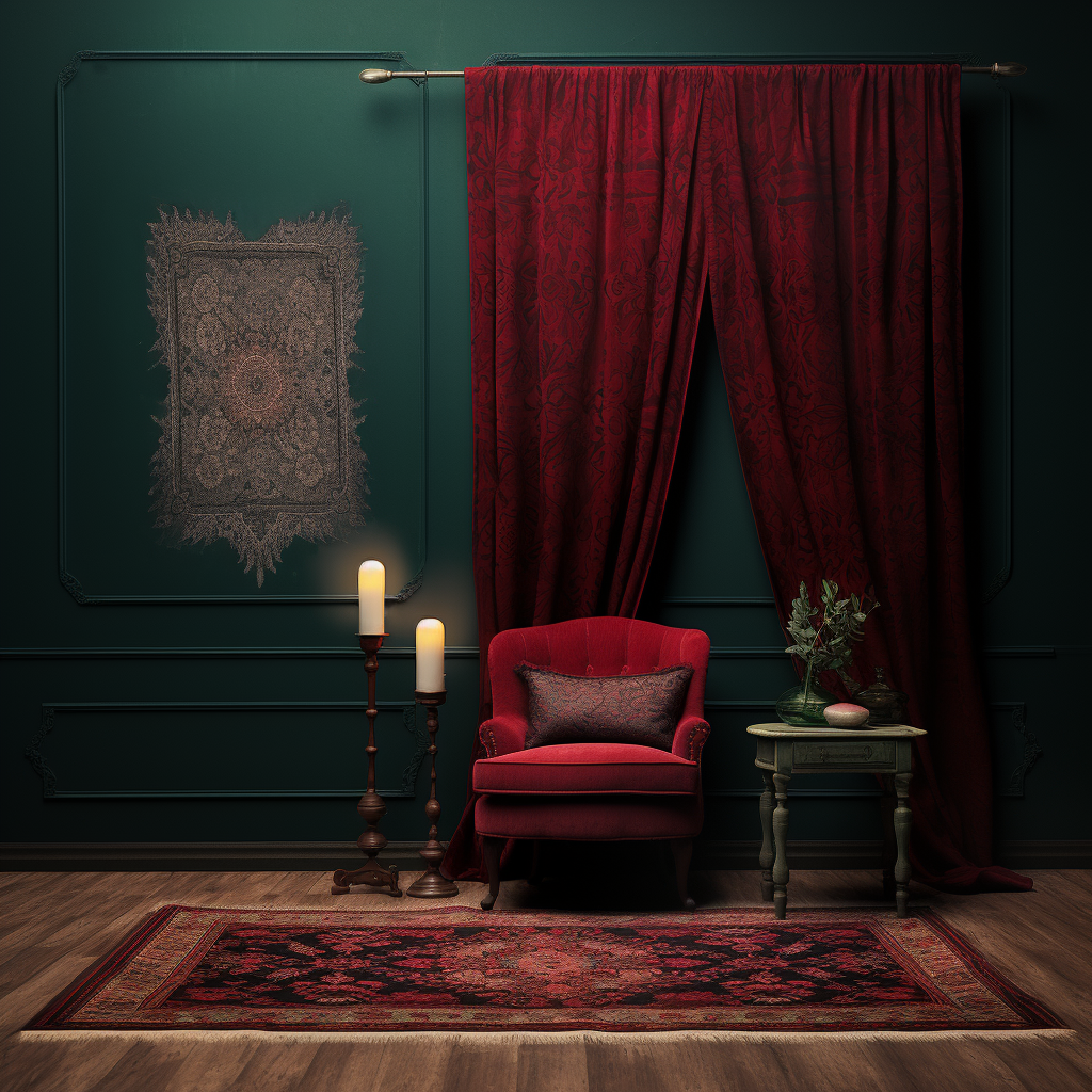 Dark, Moody Room with Rug, Red Curtains, Boho Design ?