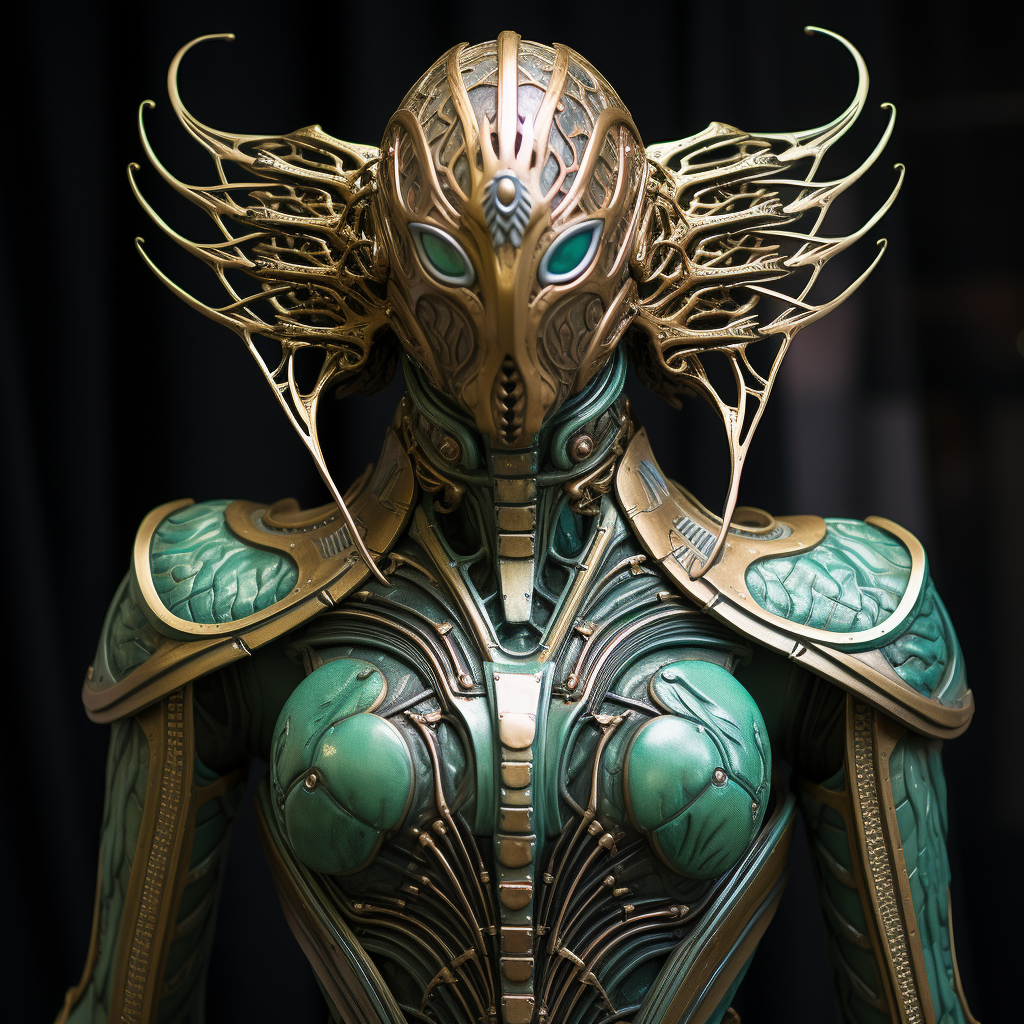 Jade insectoid humanoid armor on mannequin