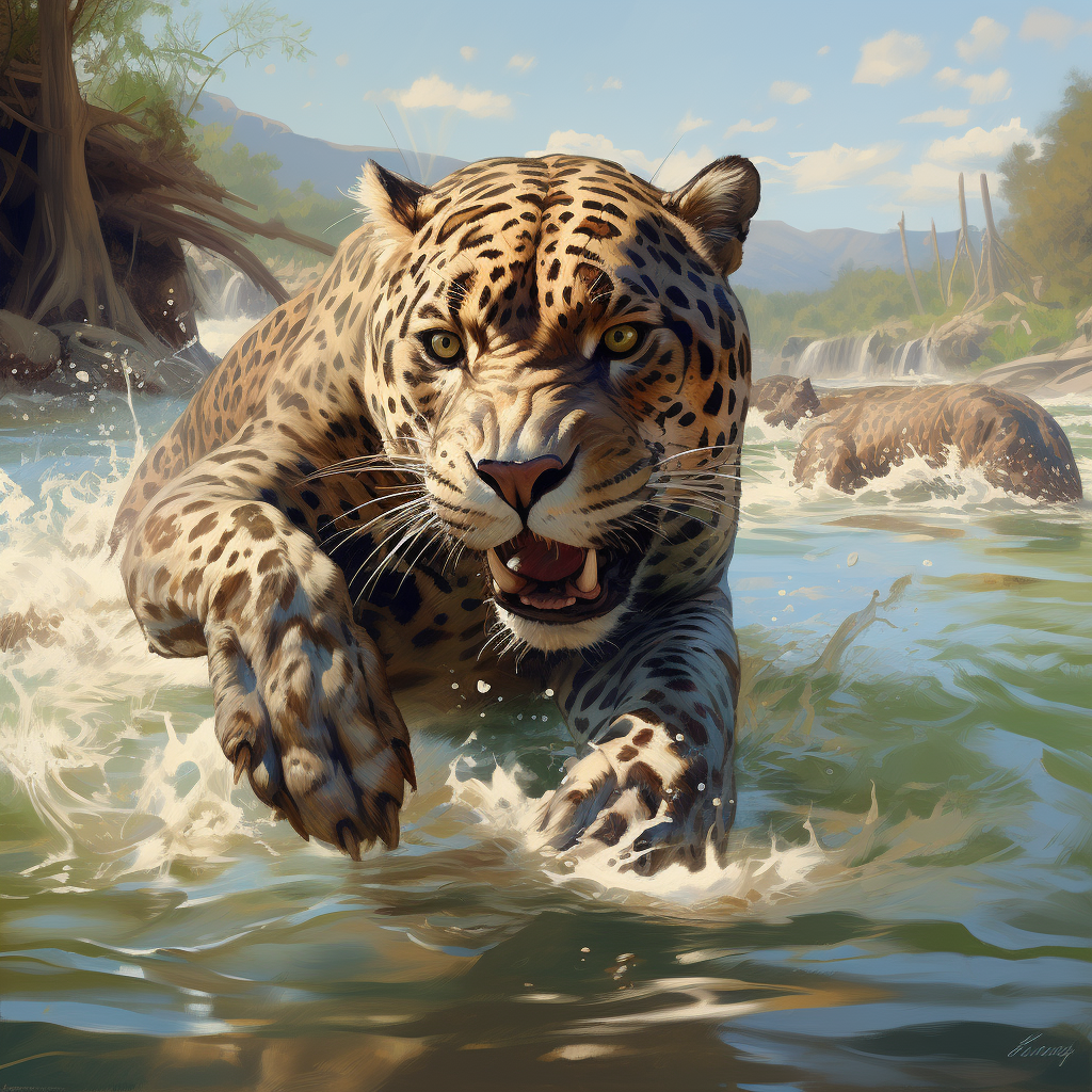 Jaguar hunting monkeys in river