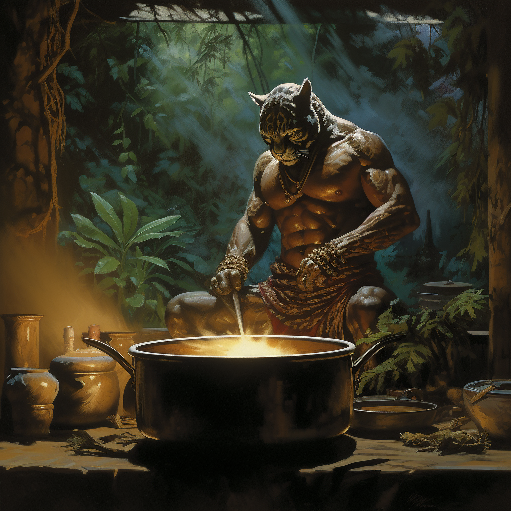 Strong Jaguar Warrior Cooking in Dark Fantasy