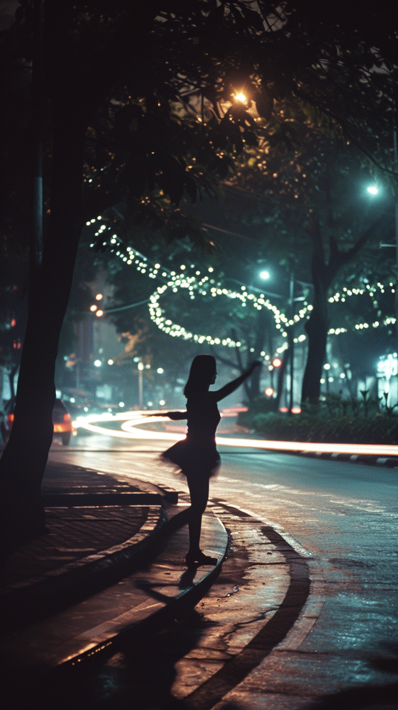 Jakarta street dancer spinning at night