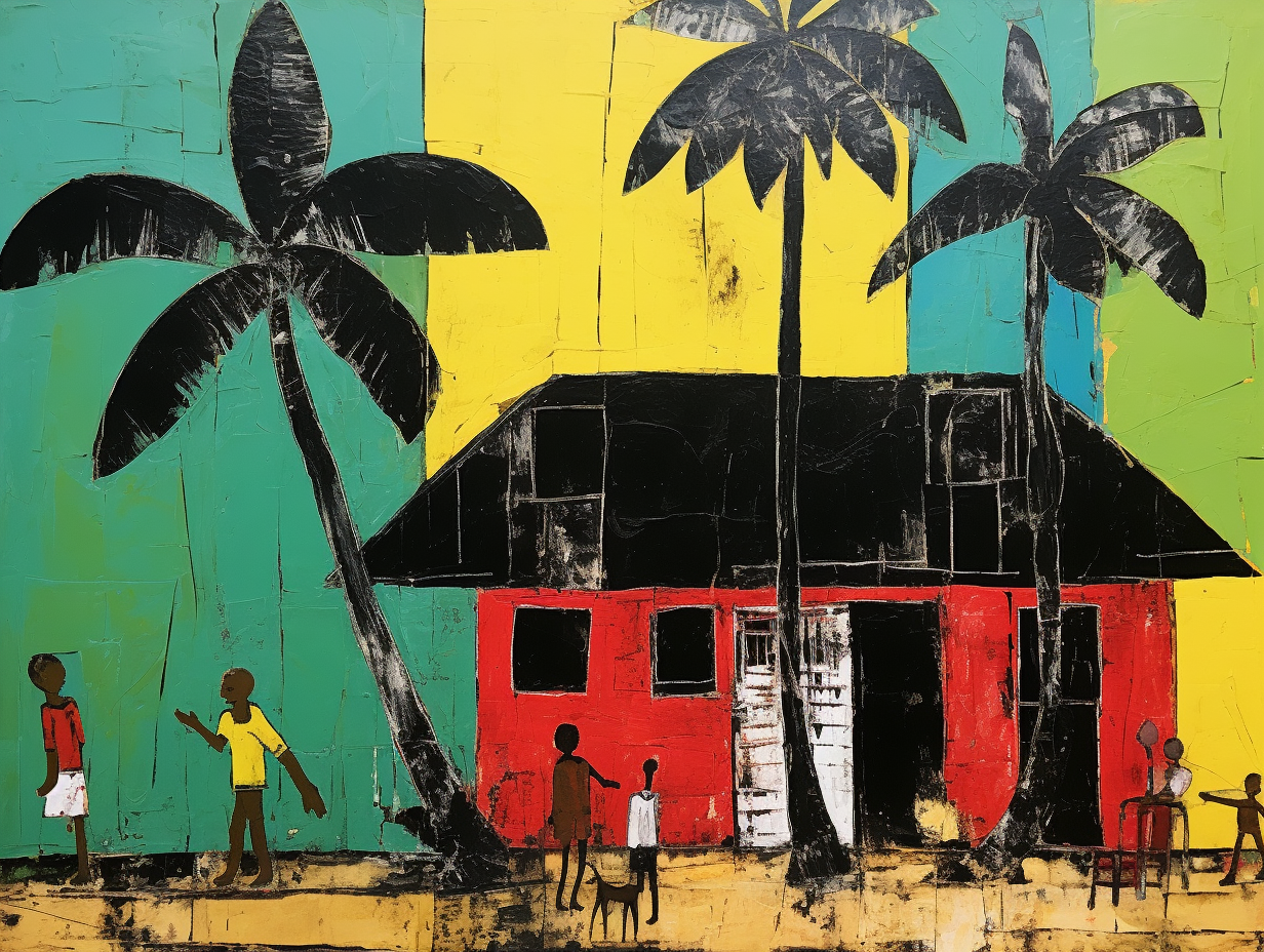 Colorful Jamaican Old House with Children Playing