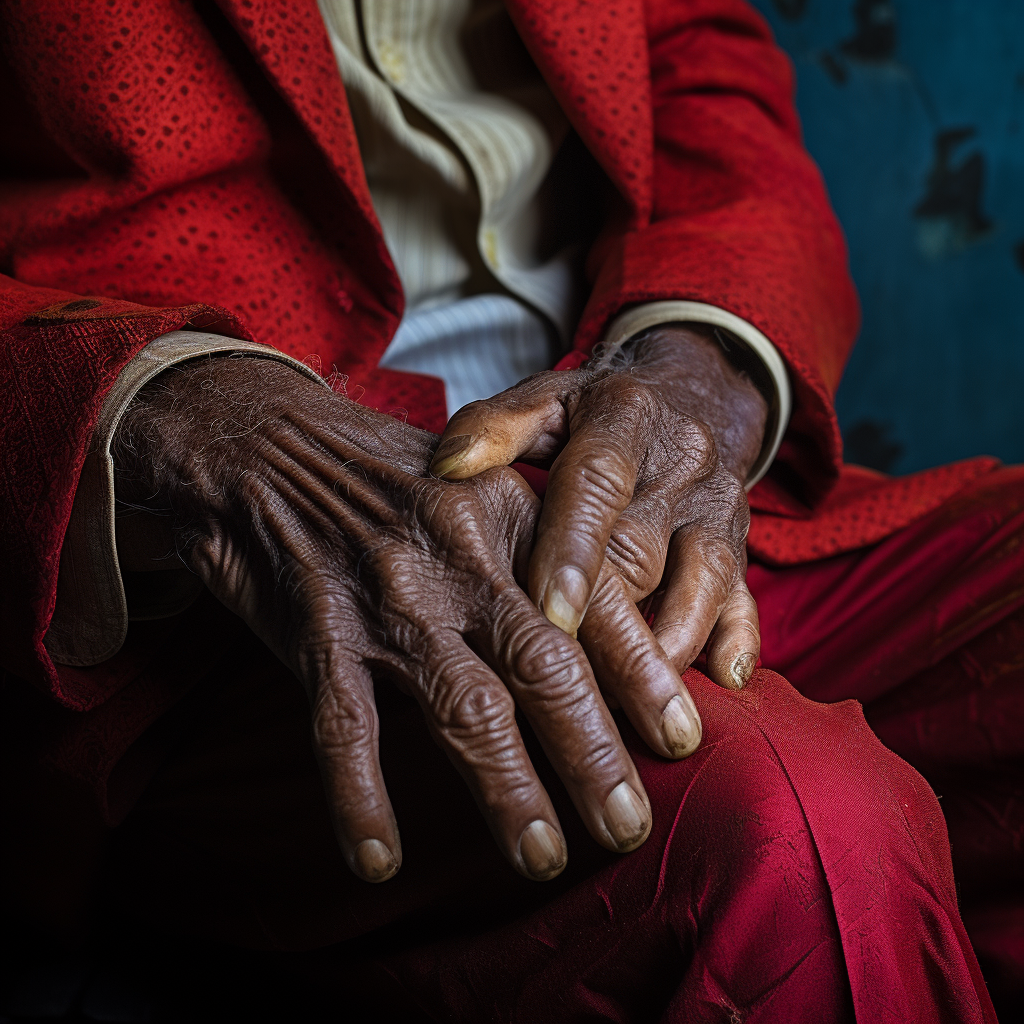 Old Jamaican man holding red fabric