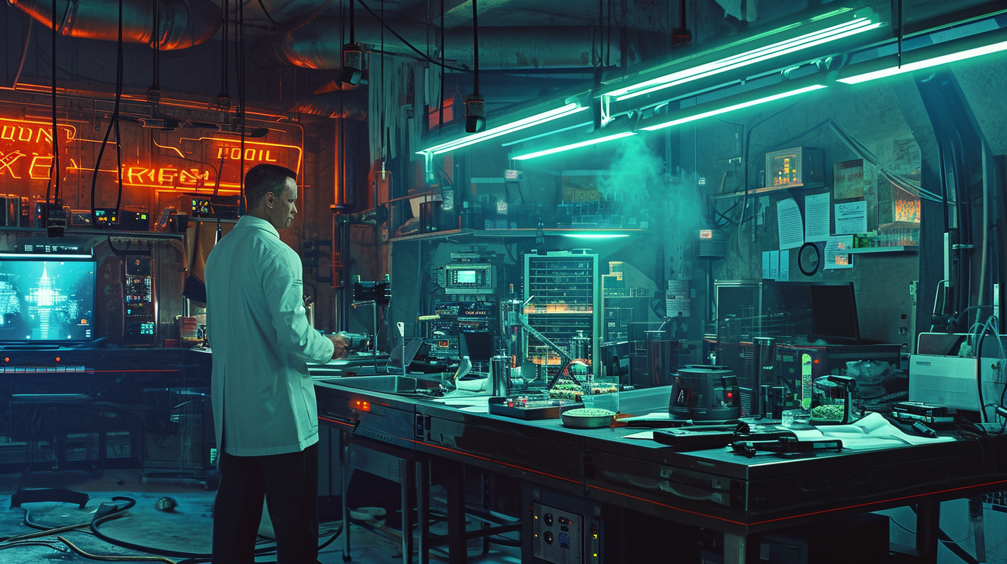 James Bond in cyberpunk lab