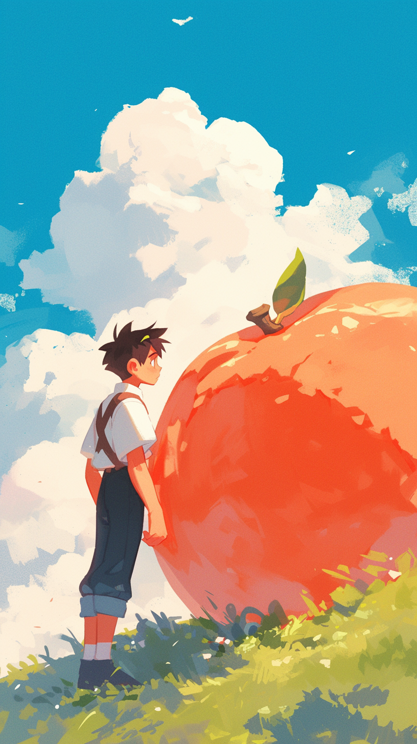 Anime drawing of James and the giant peach