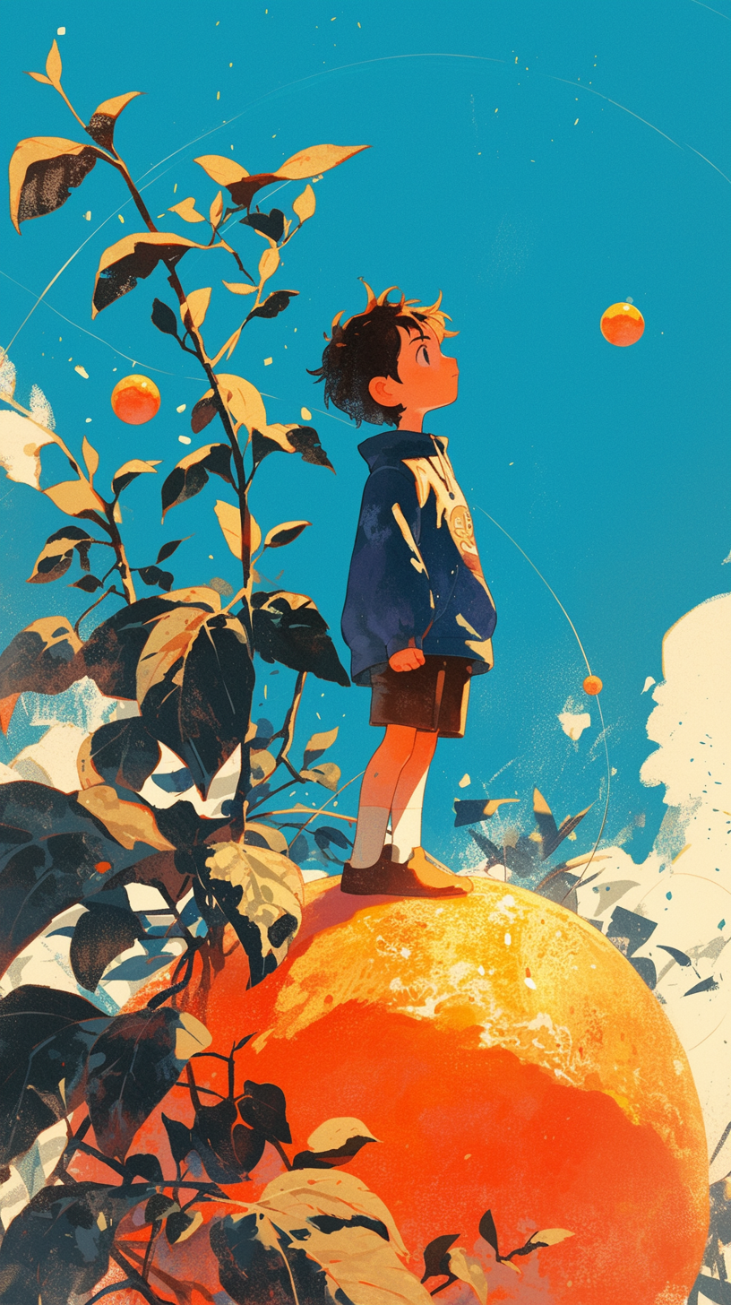 Anime art of James and a giant peach