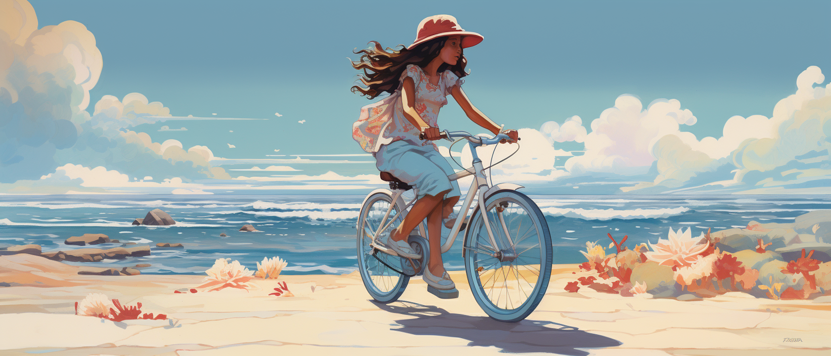 James Jean painting of young girl on bike