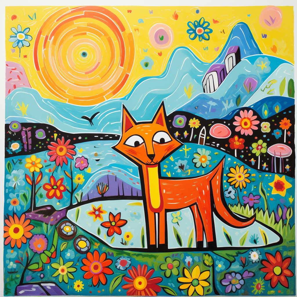 Vibrant fox in James Rizzi style