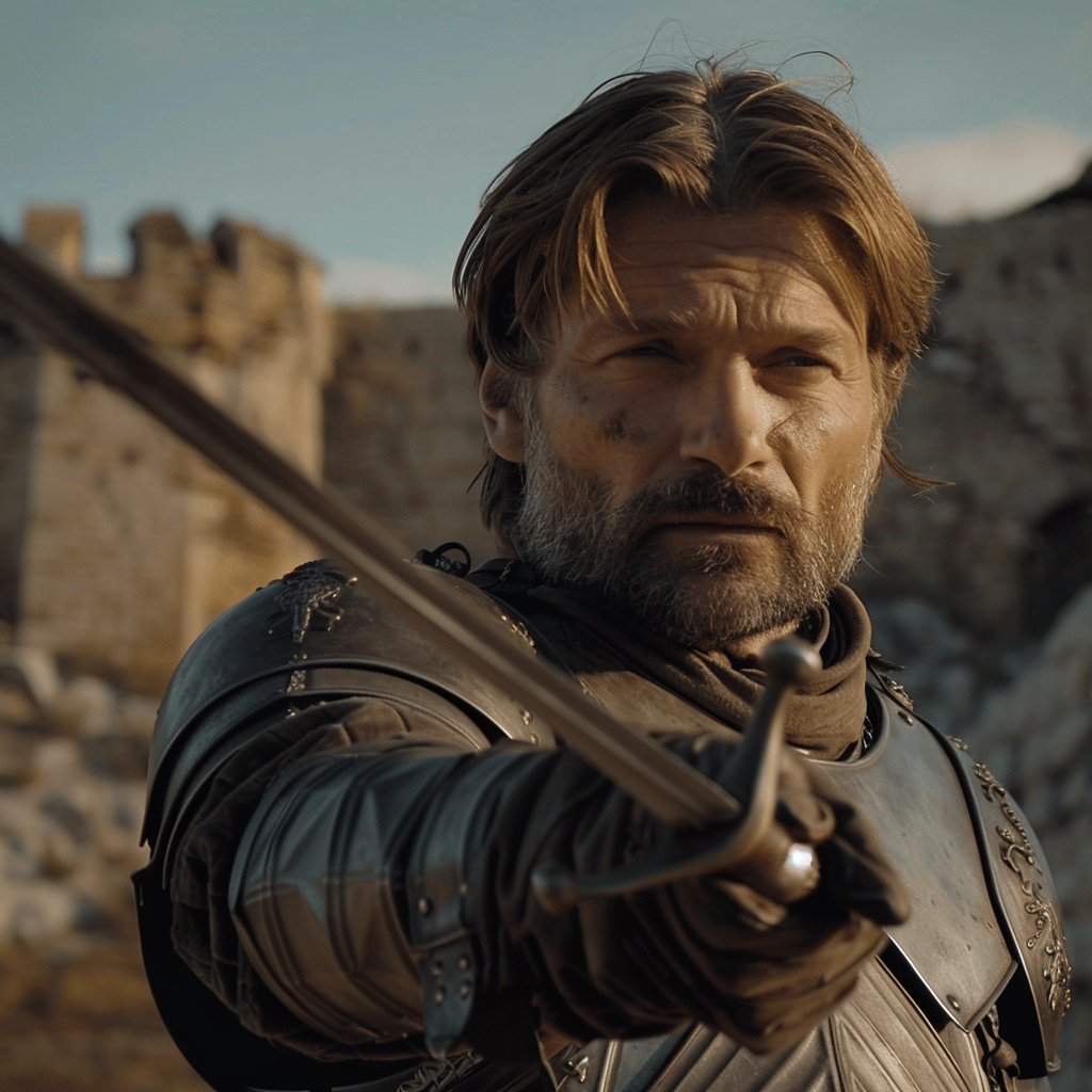 Jamie Lannister sword pointing Ned Stark