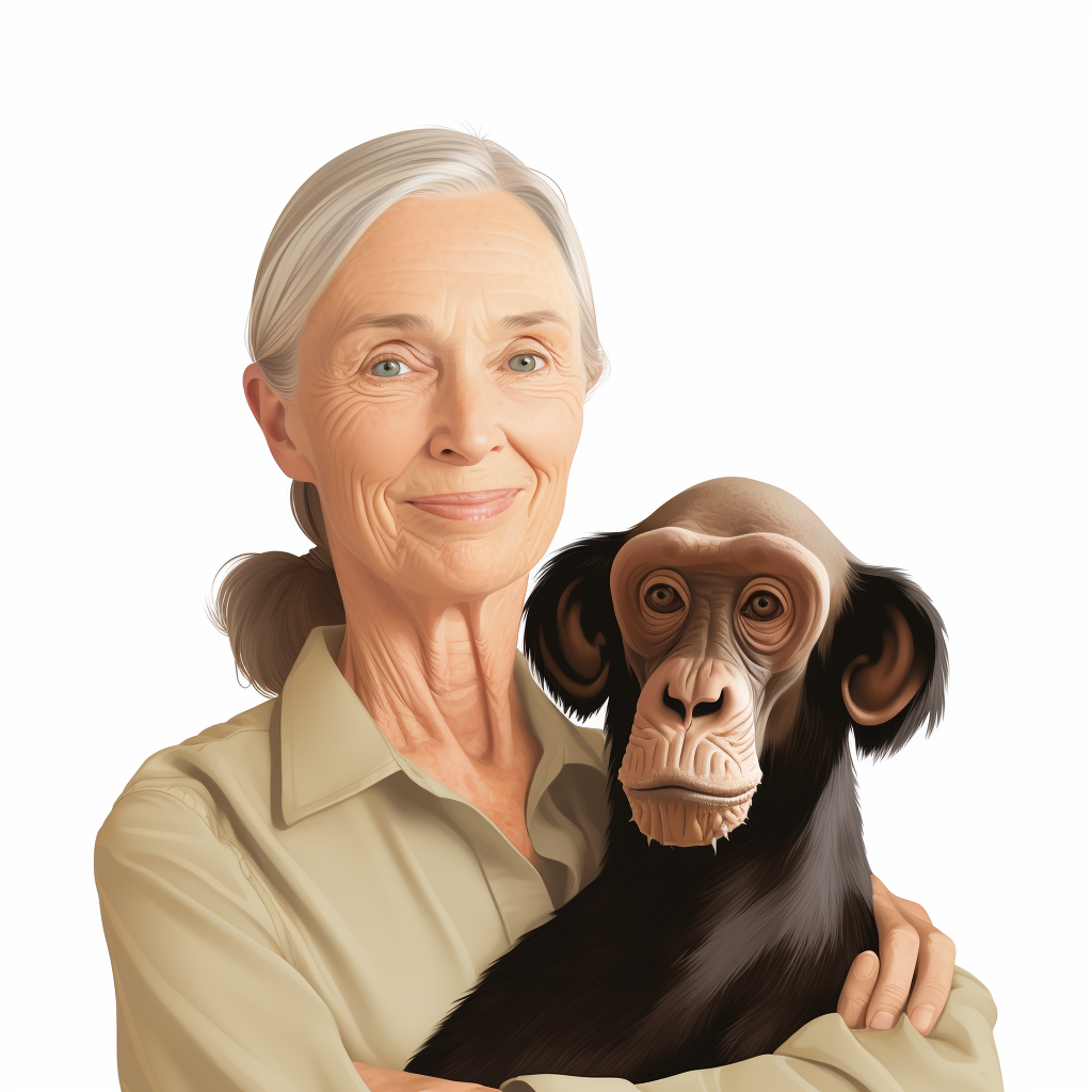 Smiling Jane Goodall with Chimpanzee on White Background