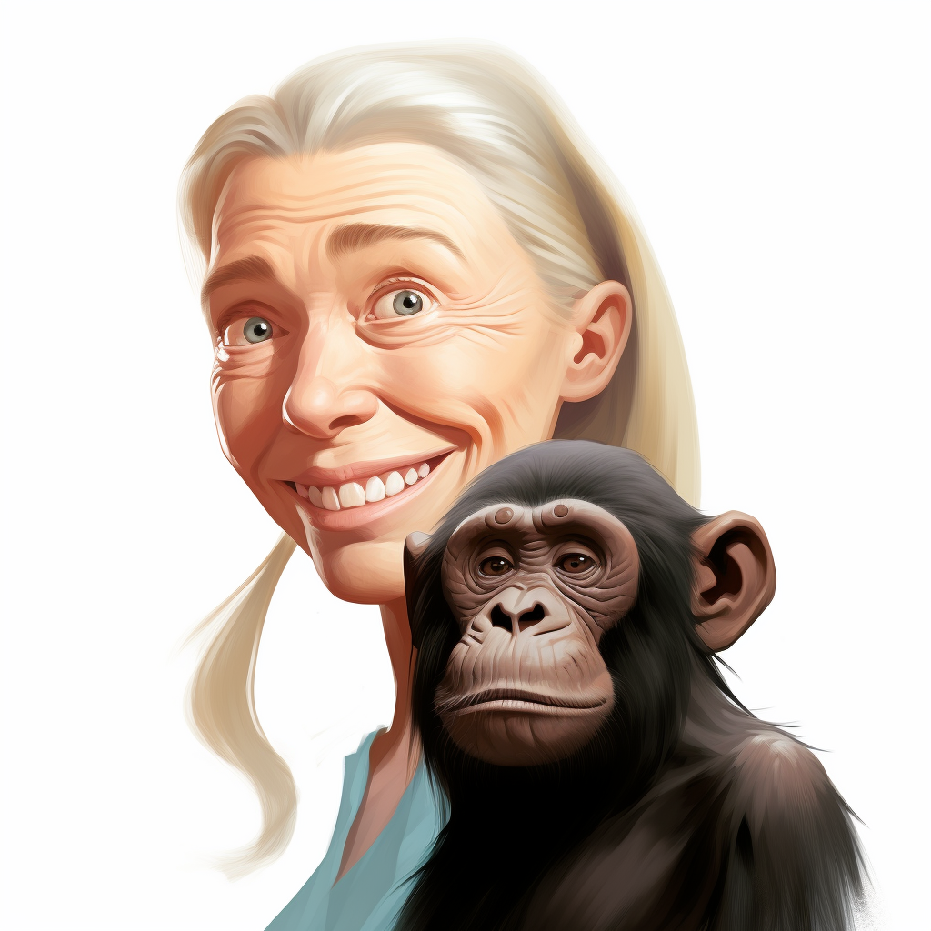 Jane Goodall and Chimpanzee smiling together