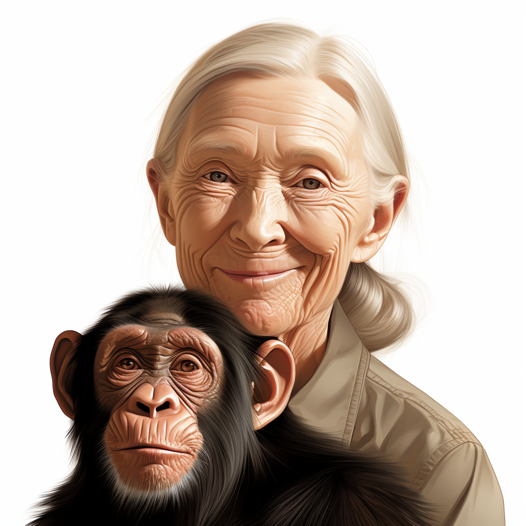 Jane Goodall smiling with chimpanzee