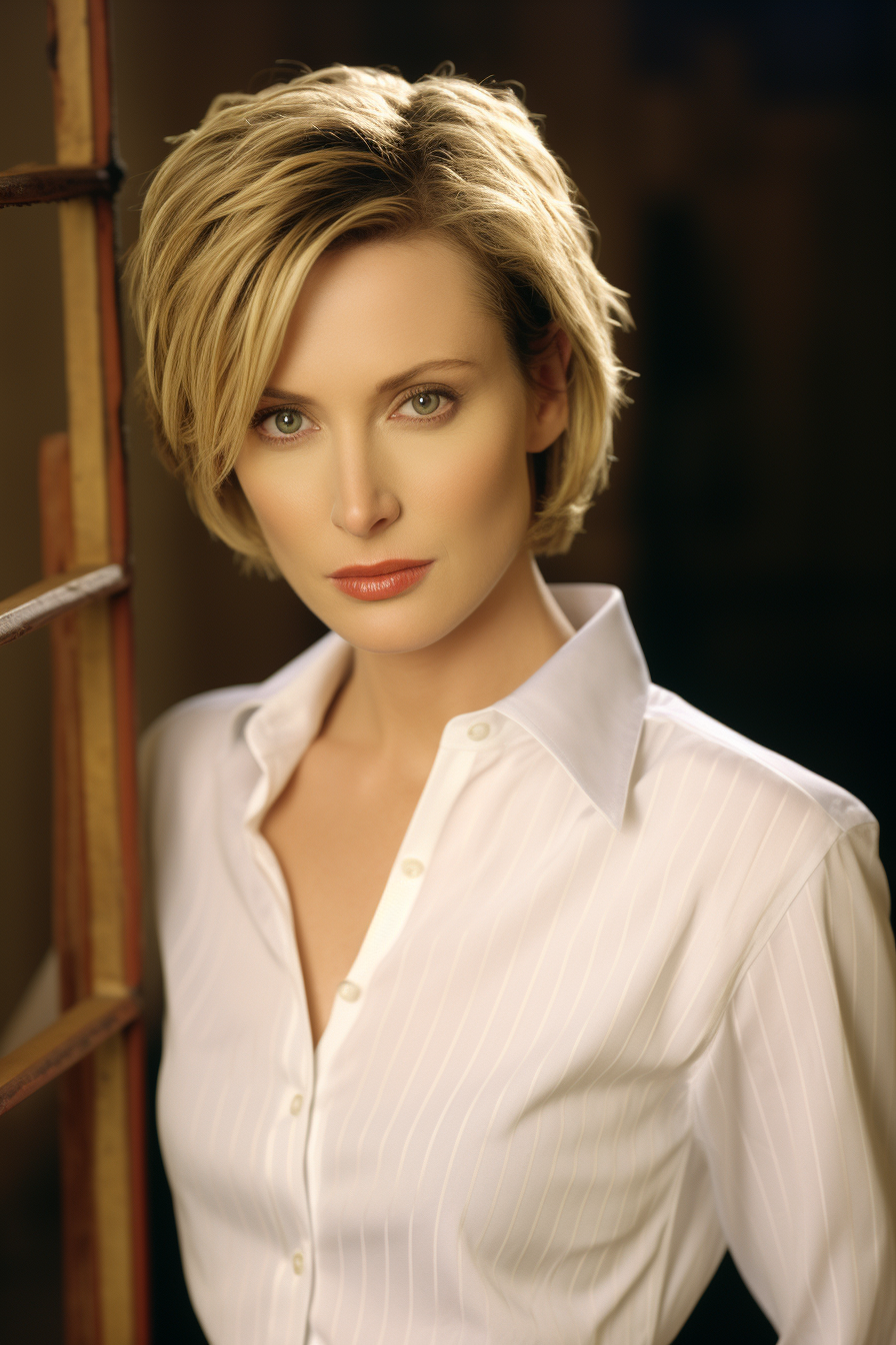 Jane Lynch with short hair in casual business attire