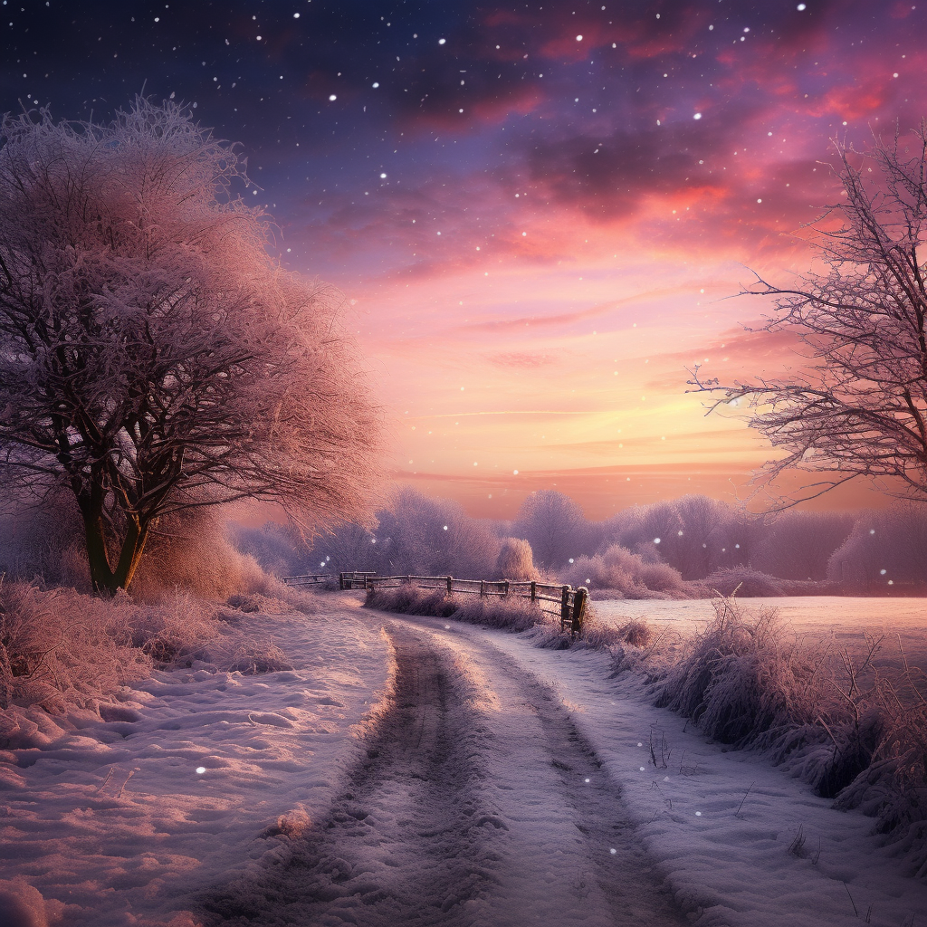 Winter scenery in England with snow and sunset