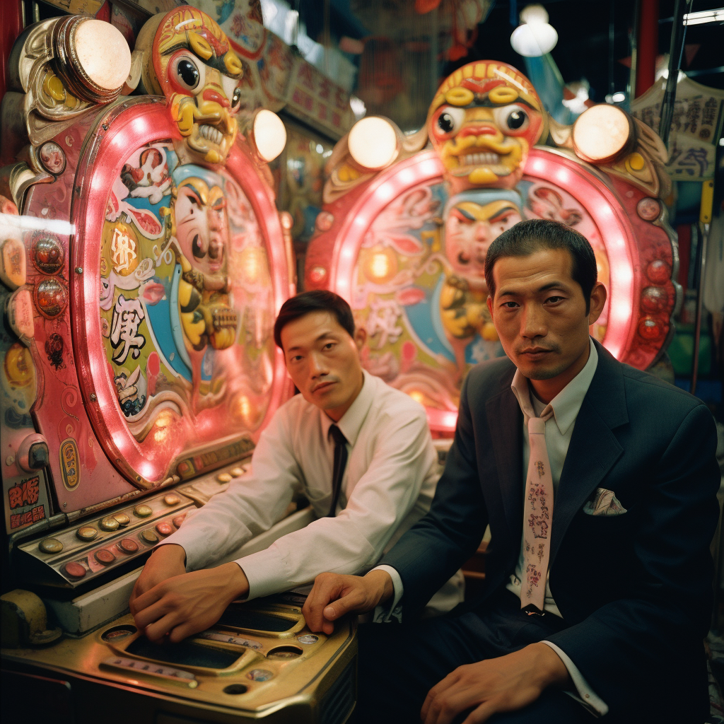 Two men playing pachinko in Japan