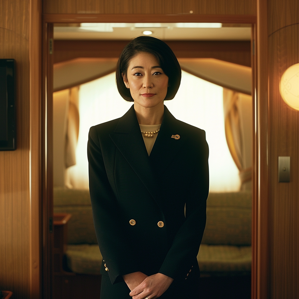 Japanese office worker smiling on luxury liner