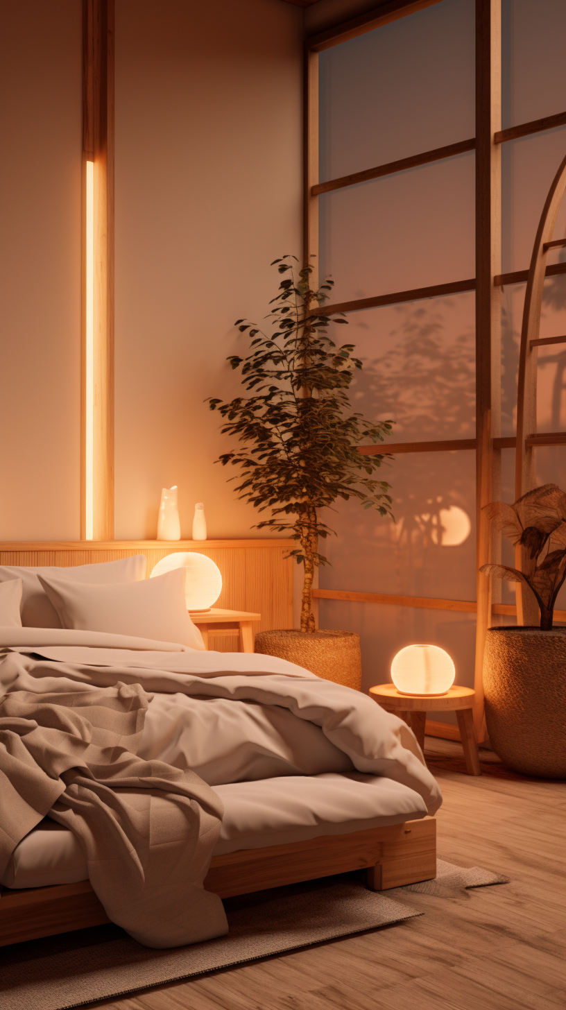 Minimalist Japandi bedroom with warm lighting