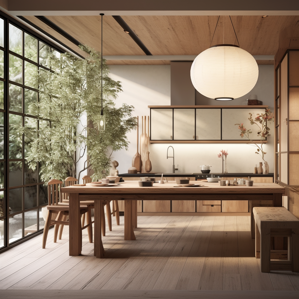 Stylish japandi kitchen island in bright room