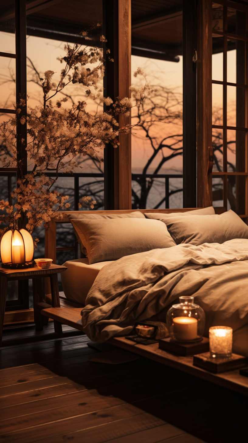 Japandi style bedroom with warm lighting