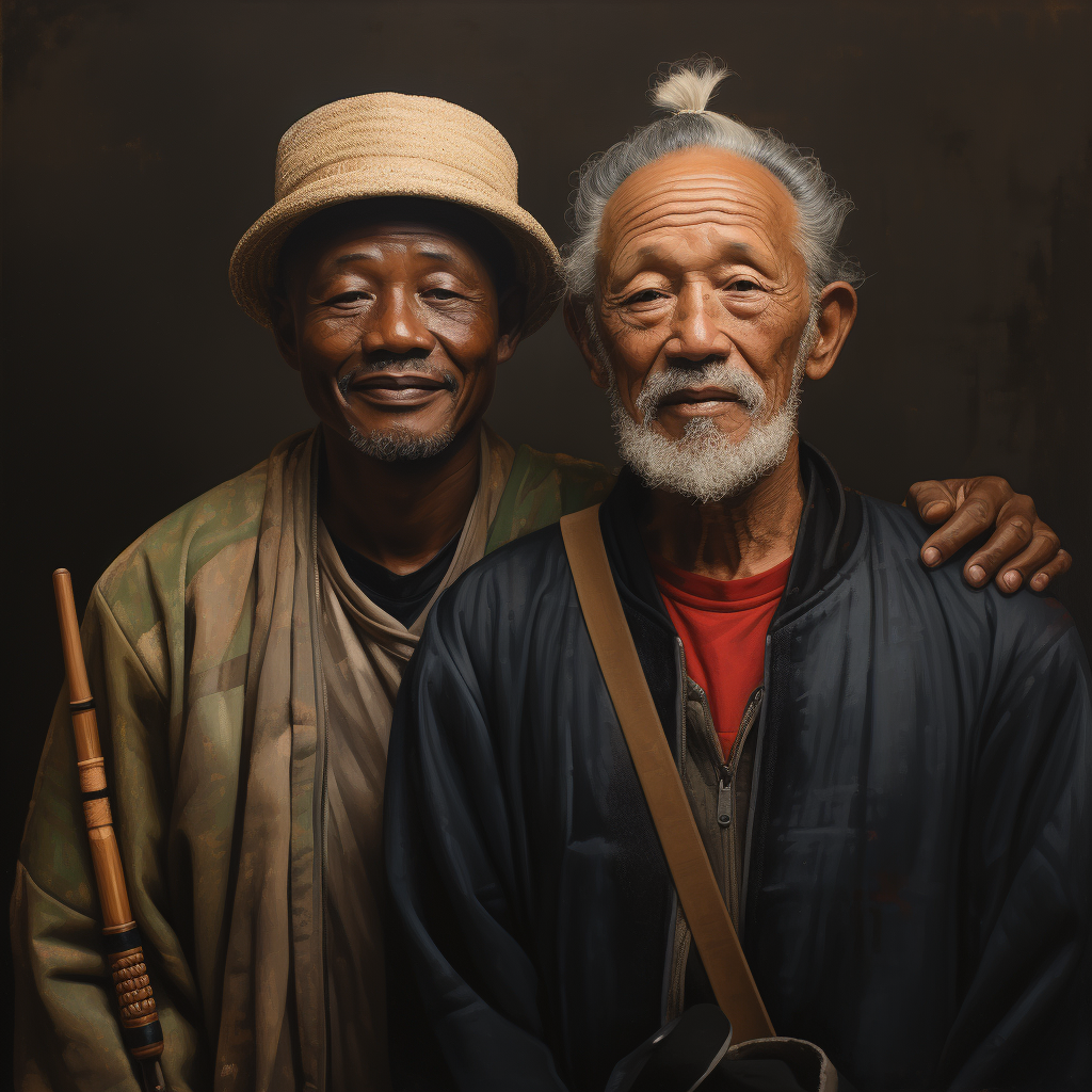 Elderly Japanese and African men embracing diversity